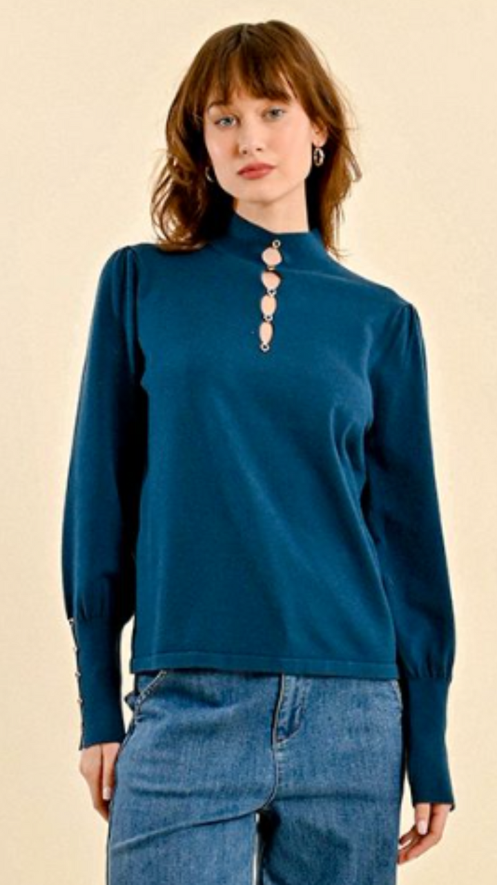 Petrol Blue Buttoned Sweater