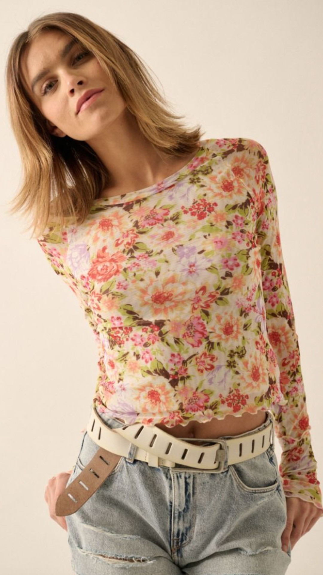 Cream Floral Print Mesh Top