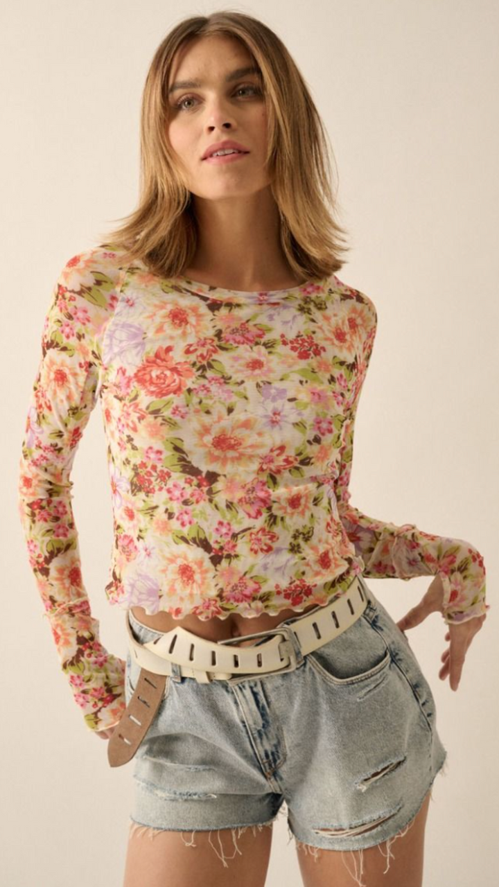 Cream Floral Print Mesh Top