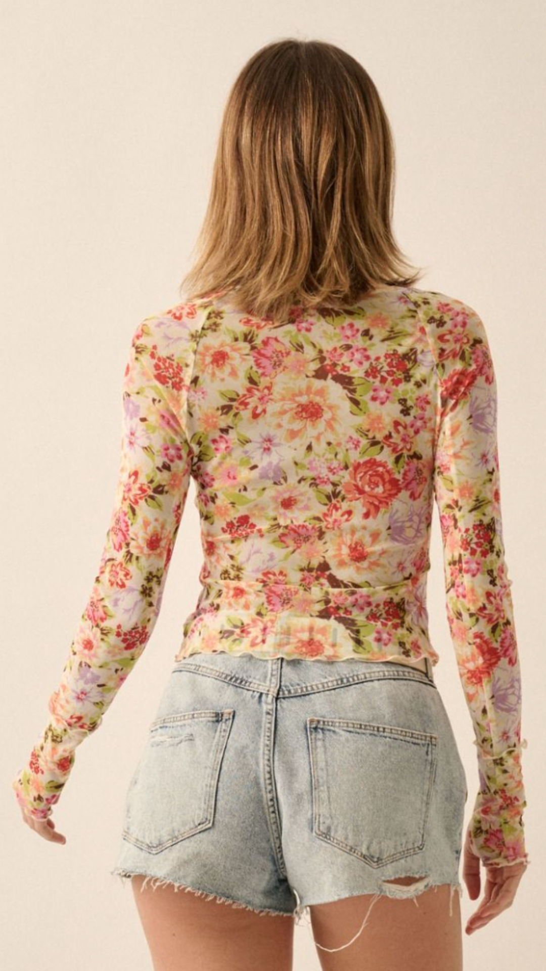 Cream Floral Print Mesh Top