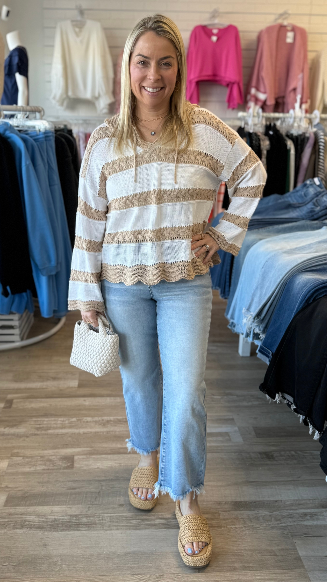 Neutral Stripe Hooded Knit Sweater