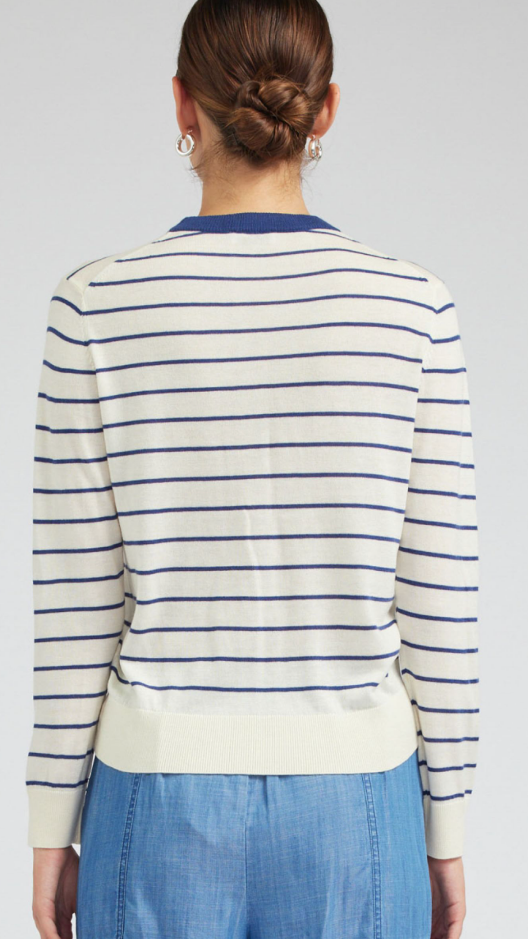 White With Navy Stripe Round Neck Pullover Sweater