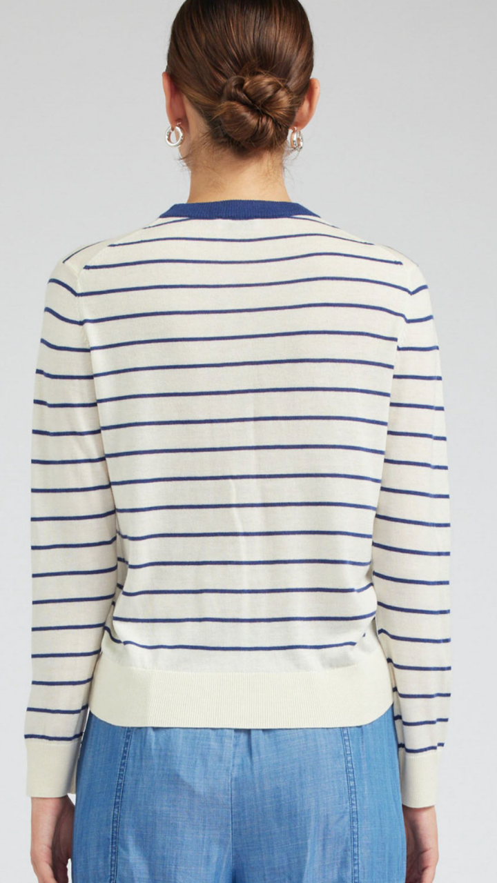 White With Navy Stripe Round Neck Pullover Sweater