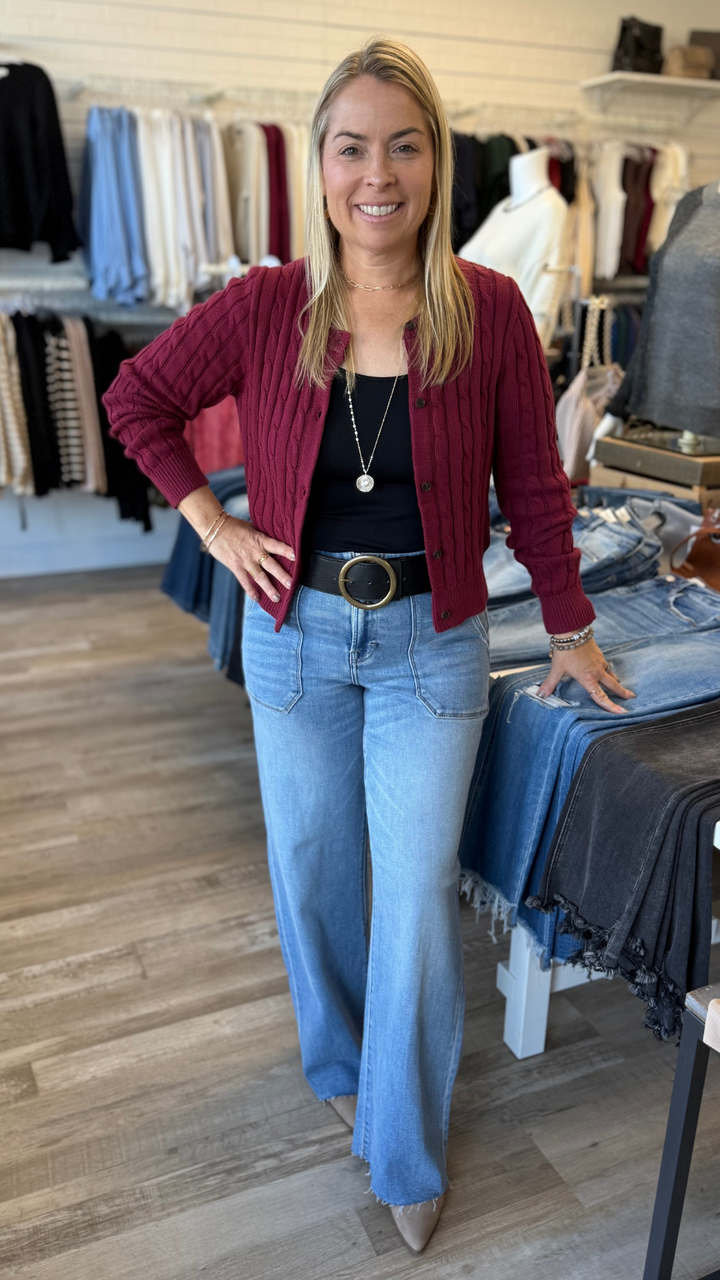 Burgundy Cable Knit Button Down Cardigan