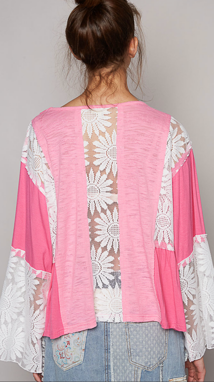 Candy Pink Lace Detail Long Sleeve