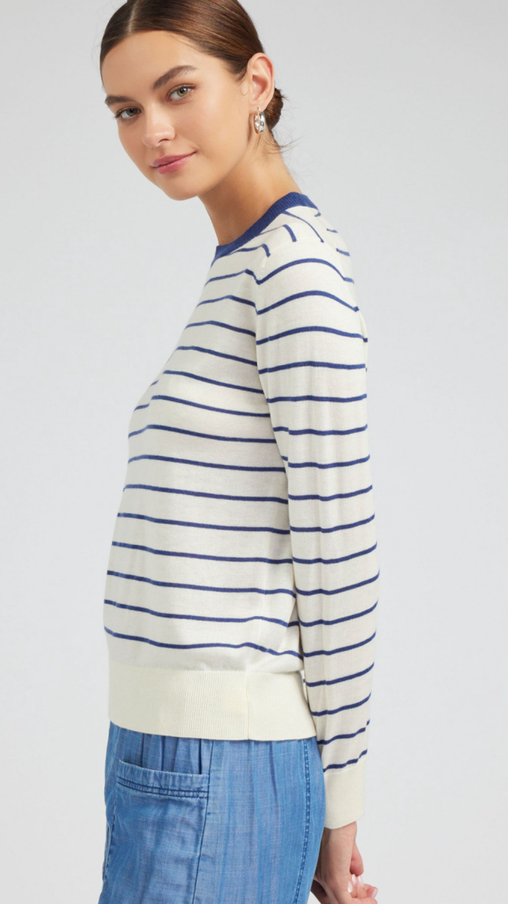 White With Navy Stripe Round Neck Pullover Sweater