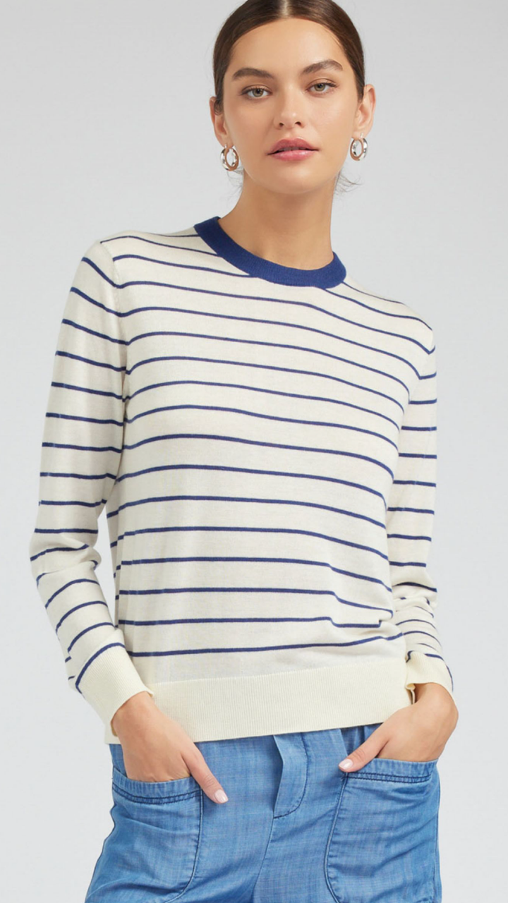 White With Navy Stripe Round Neck Pullover Sweater