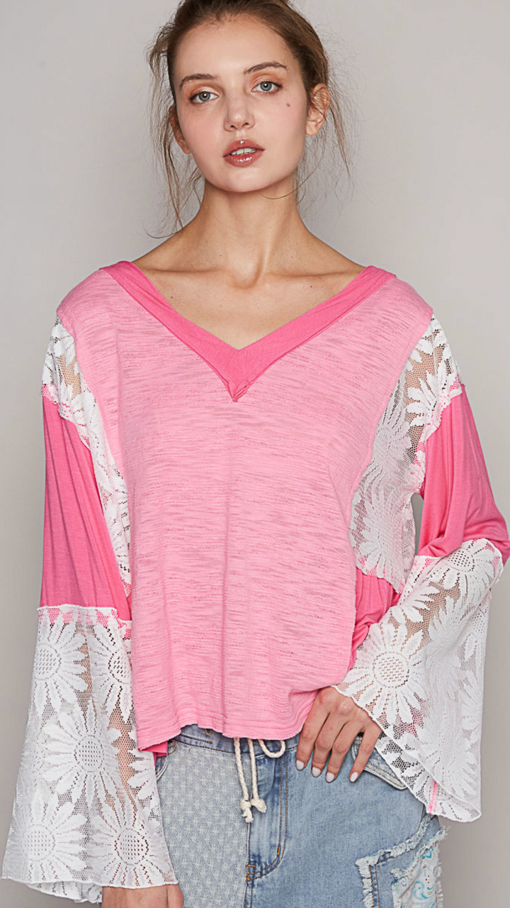 Candy Pink Lace Detail Long Sleeve