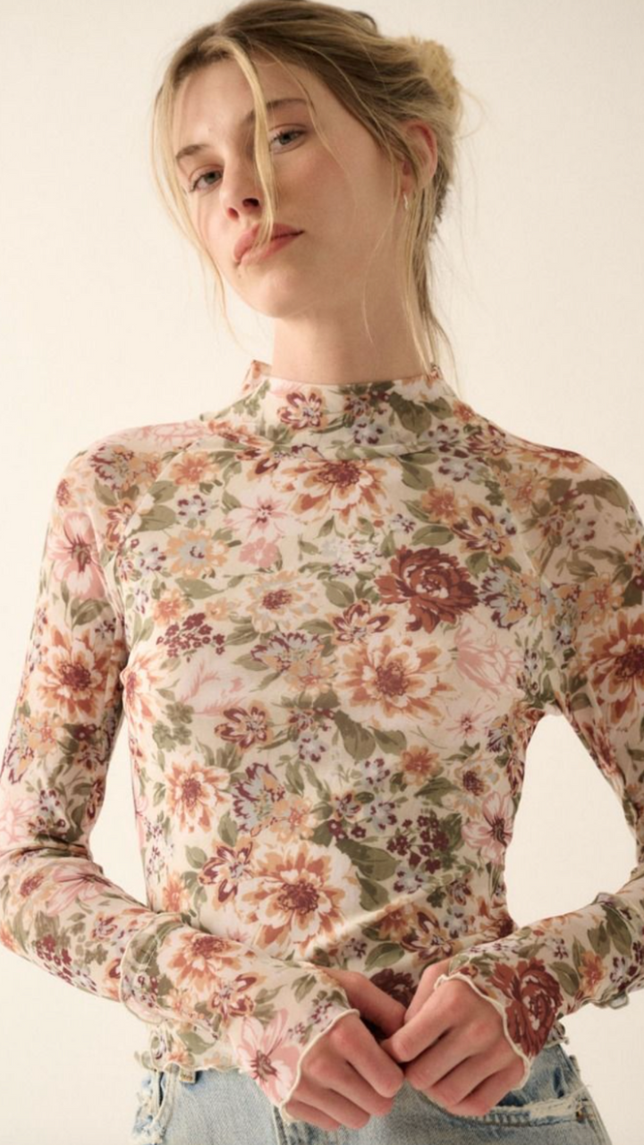 High Neck Floral Semi Sheer Mesh Knit Top With Thumbholes