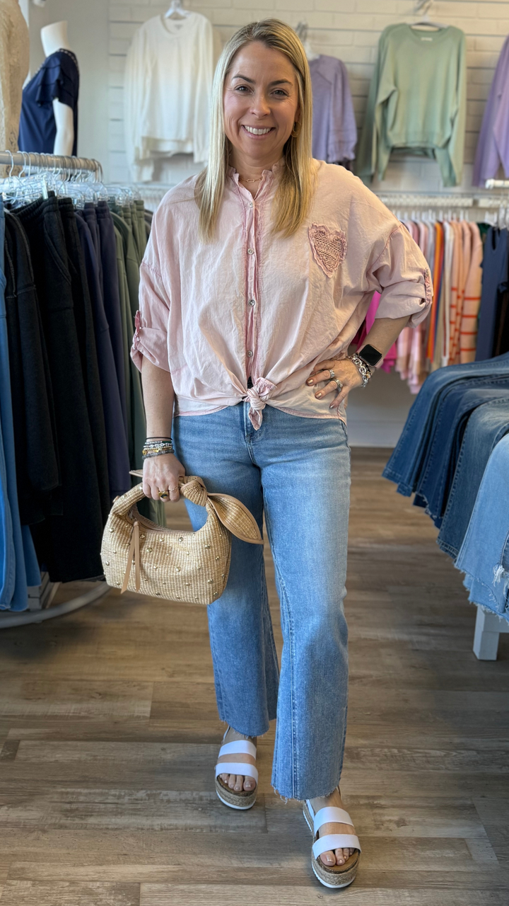 Baby Pink Button Up Shirt With Crochet Heart