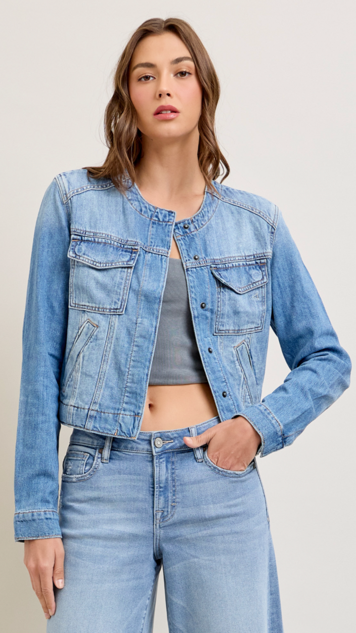 Light Denim Collarless Fashion Trucker Jacket