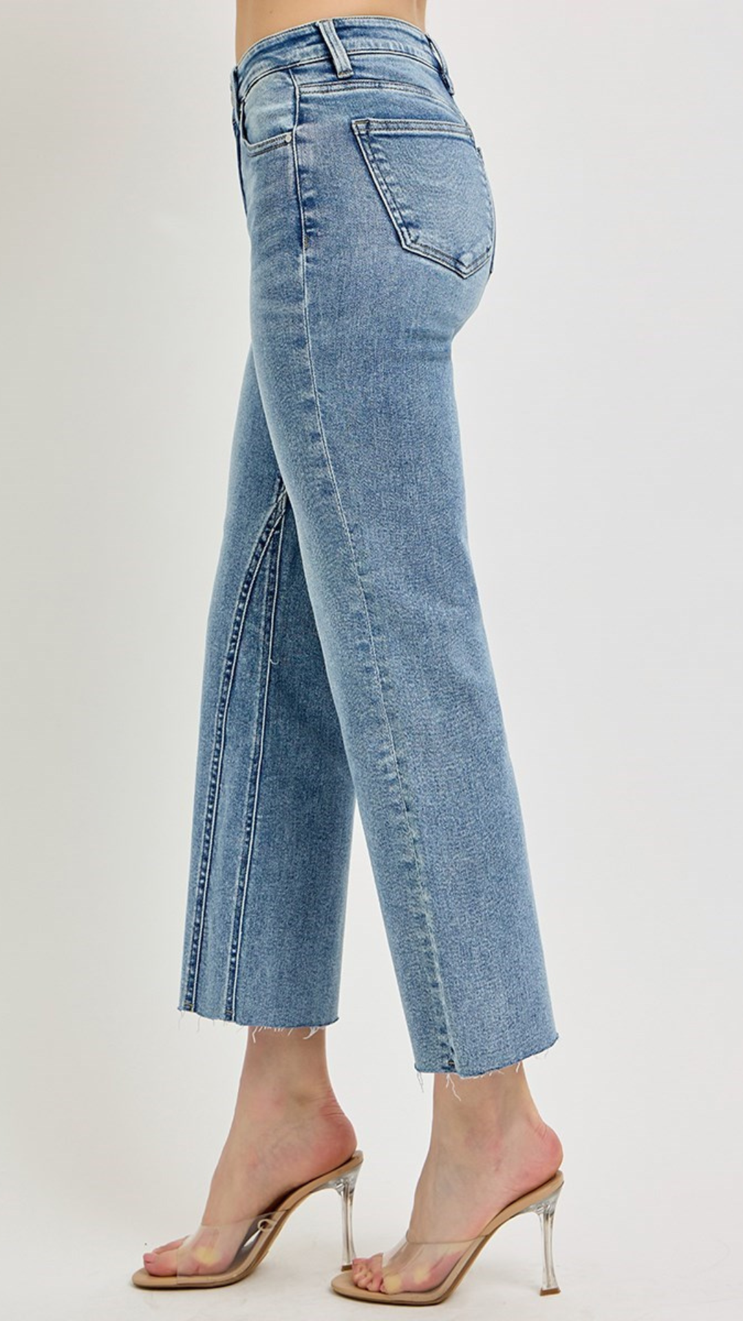 Mid Rise Light Wash Crop Flare Leg Seam Detail Jeans