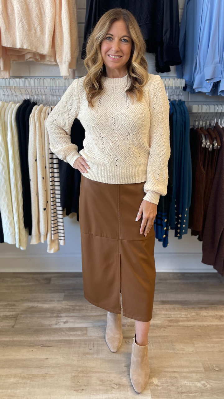 Camel Leather Midi Skirt