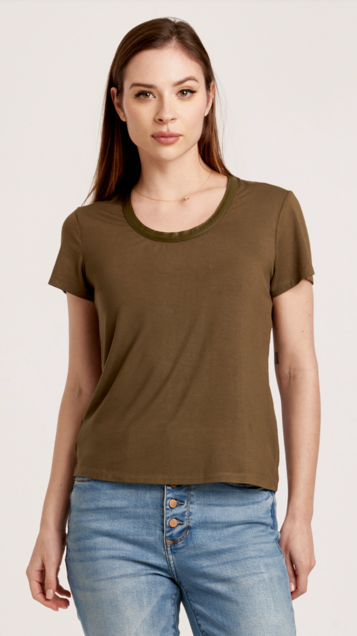 Olive Scoop Neck Top With Pleather Band