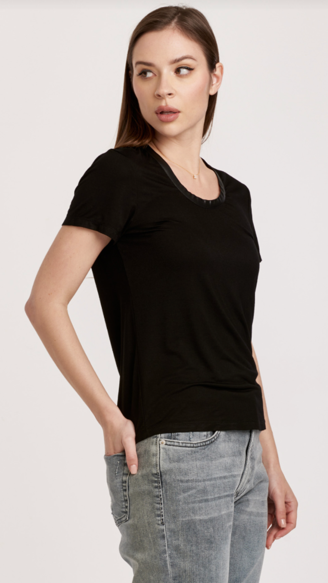 Black Scoop Neck Top With Pleather Band