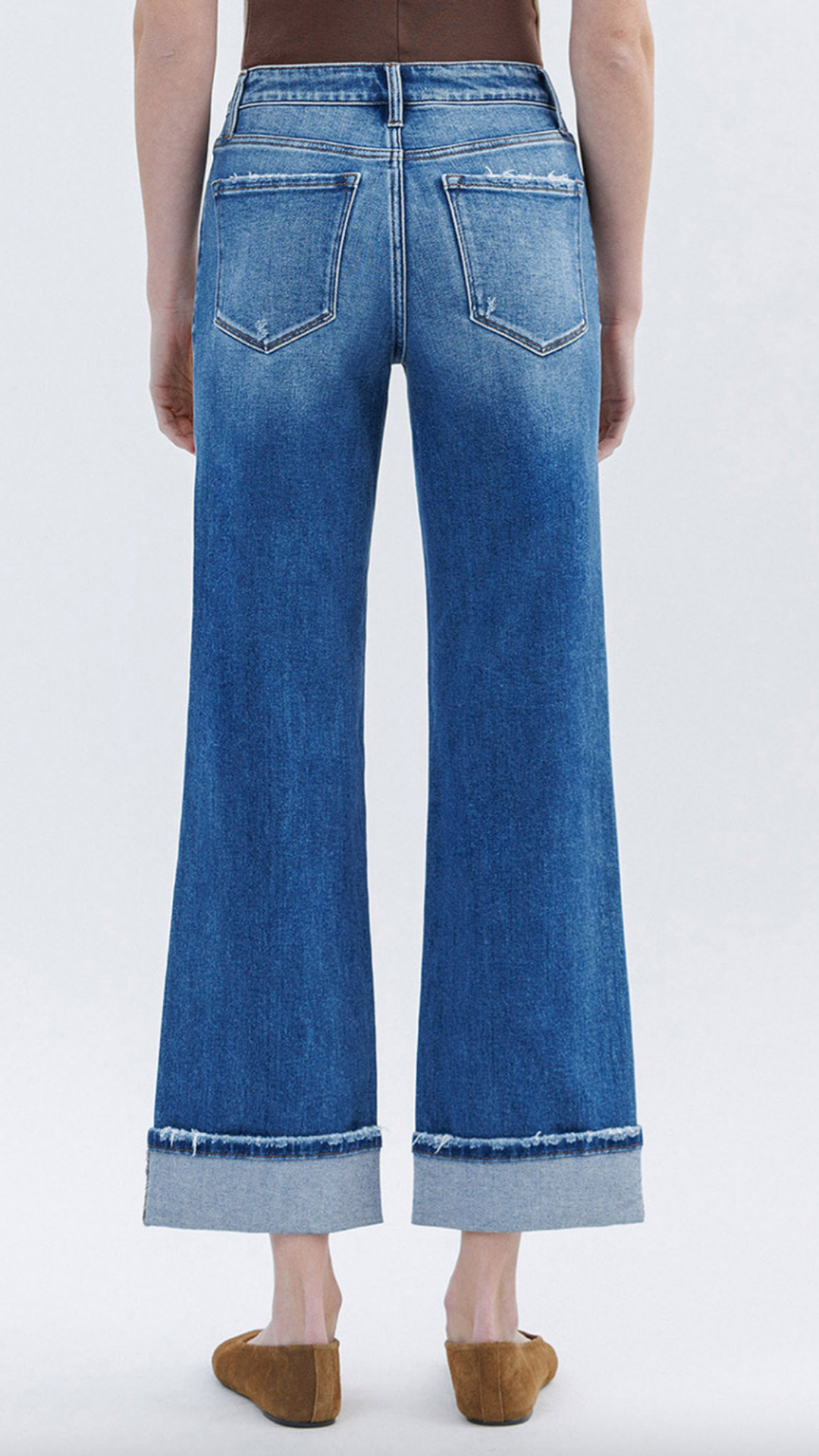 High Rise Medium Wash Cuffed Slim Wide Jeans