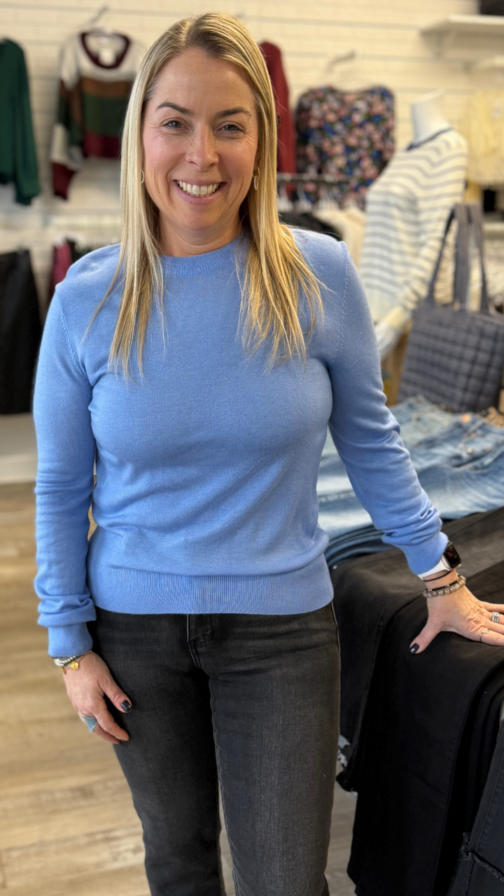 Azure Blue Round Neck Pullover Sweater