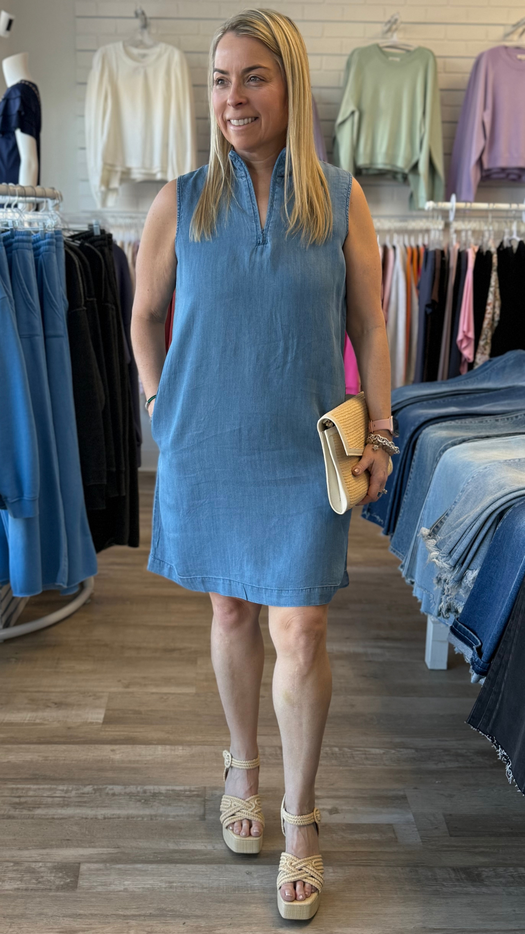 Chambray Sleeveless Zip Up Dress