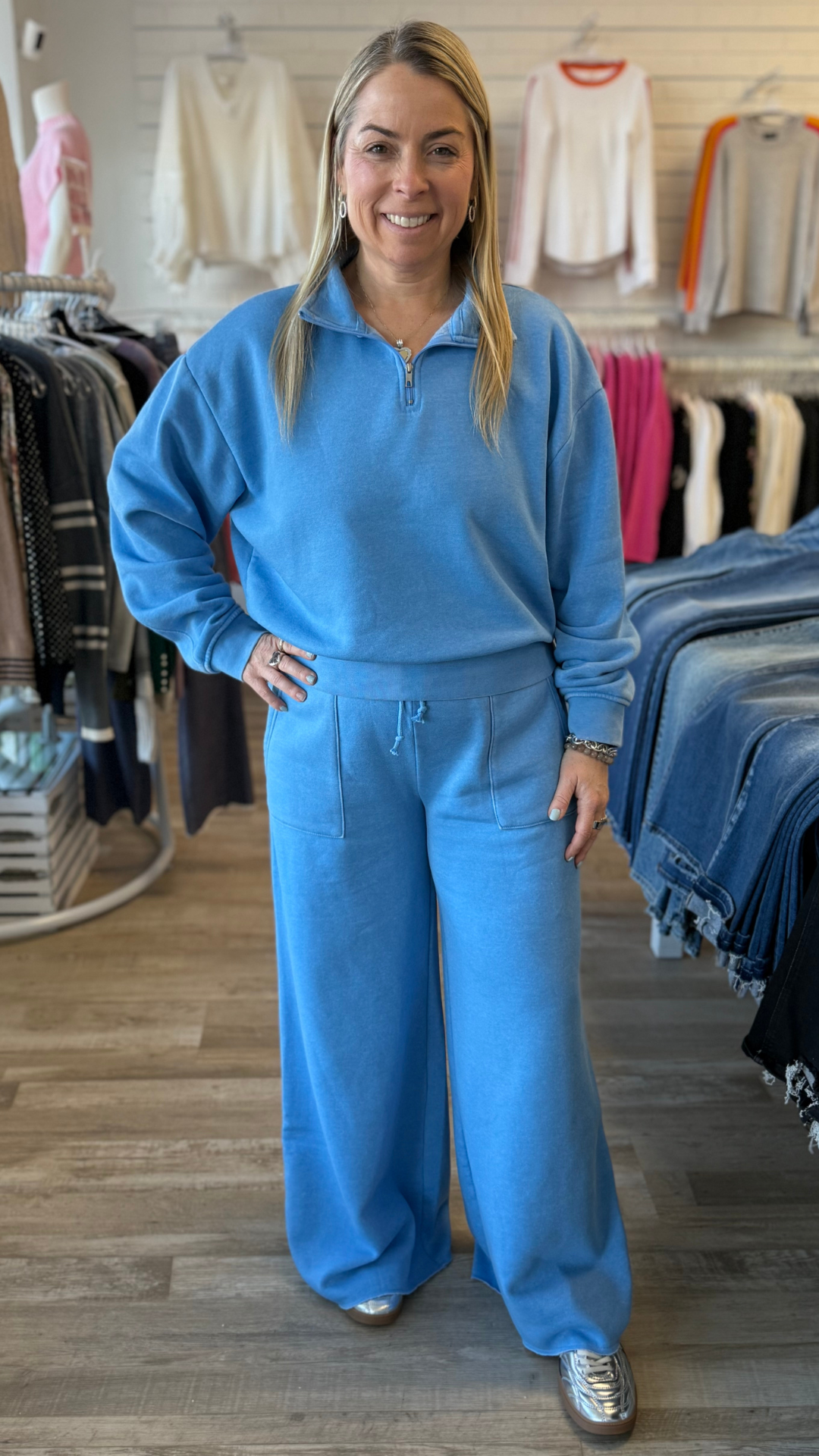 Blue High Rise Wide Leg Drawstring Pants