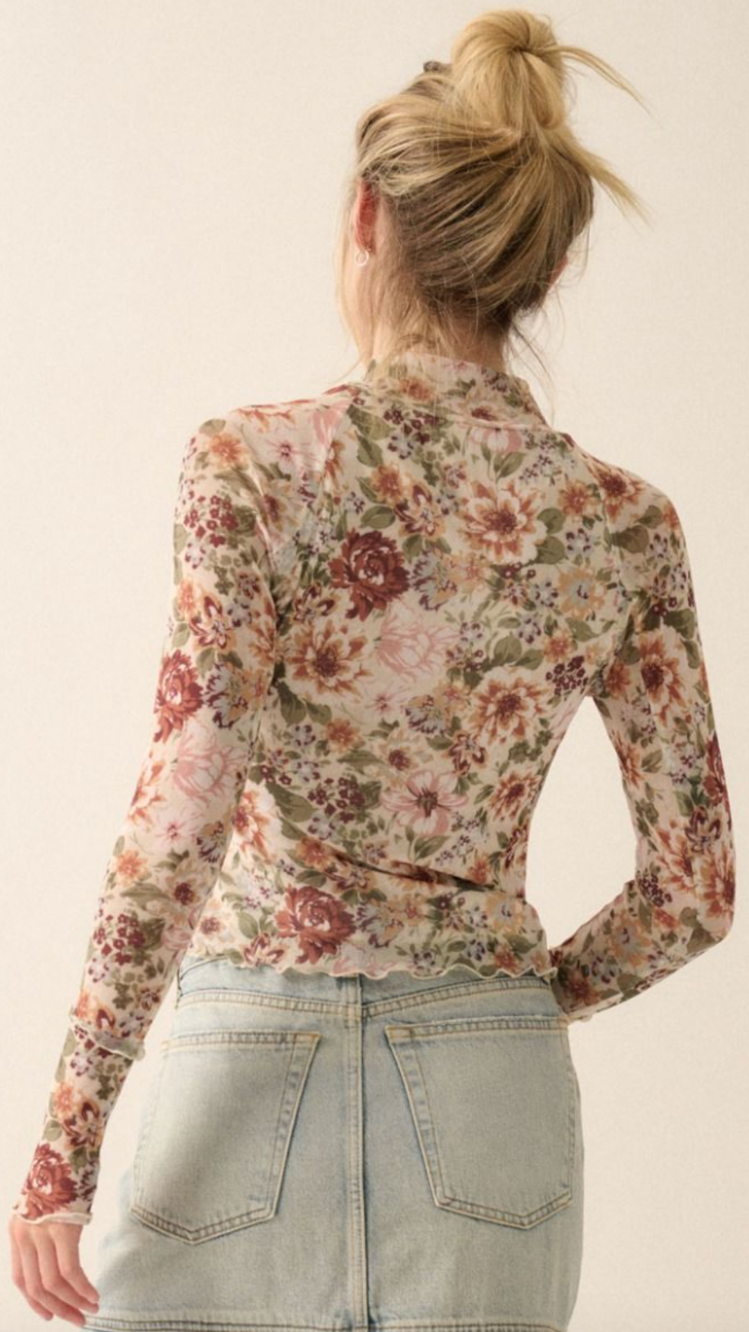 High Neck Floral Semi Sheer Mesh Knit Top With Thumbholes