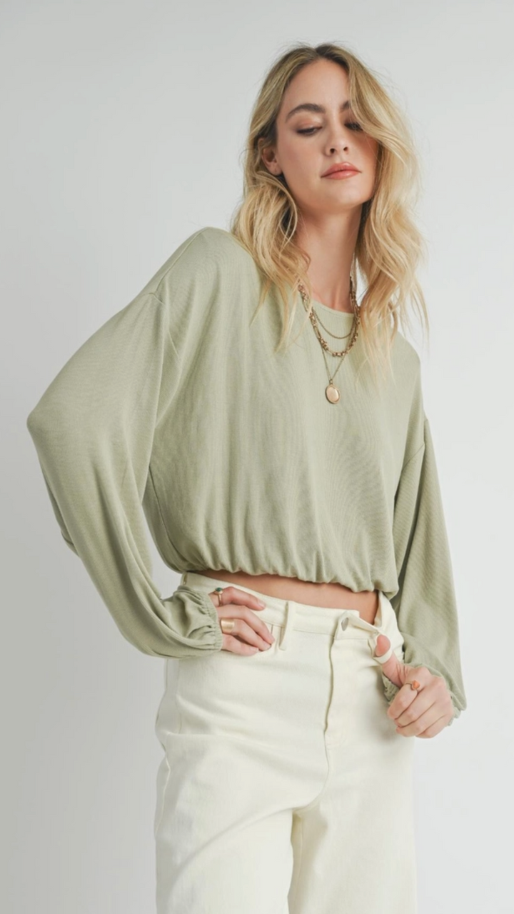 Sage Elastic Hem Bubble Knit Top