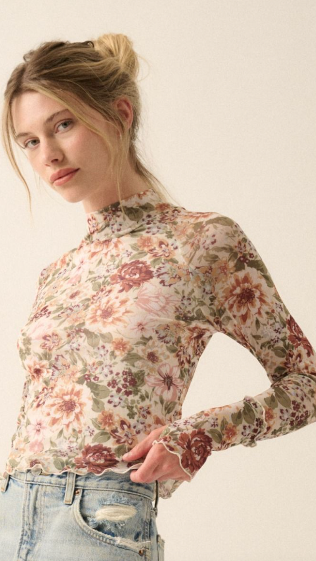 High Neck Floral Semi Sheer Mesh Knit Top With Thumbholes