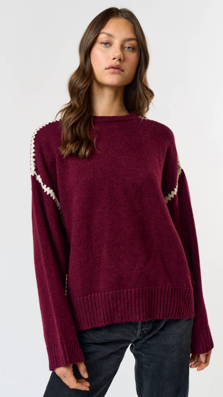 Burgundy Contrast Stitch Detail Sweater Top