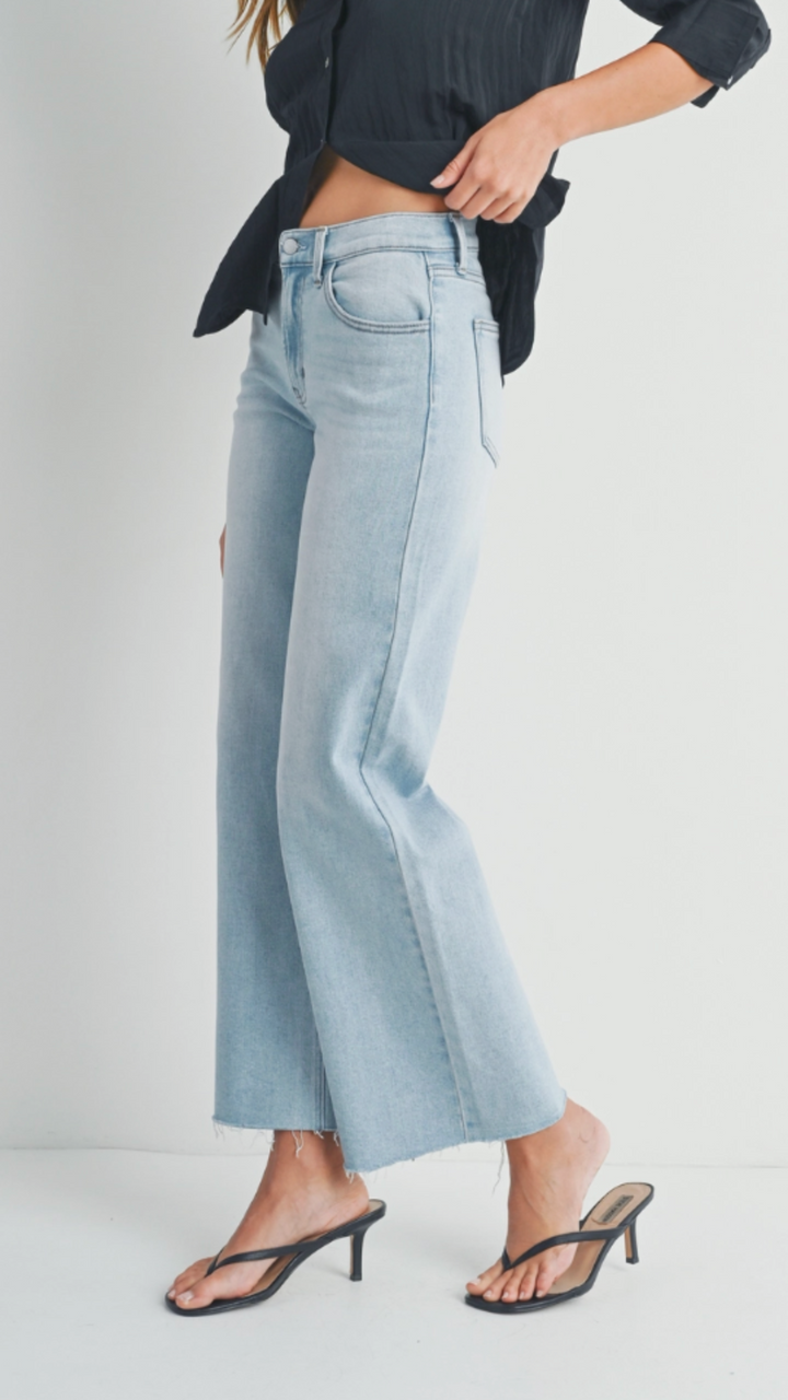 Mid Rise Light Wash Full Length Wide Leg Jeans