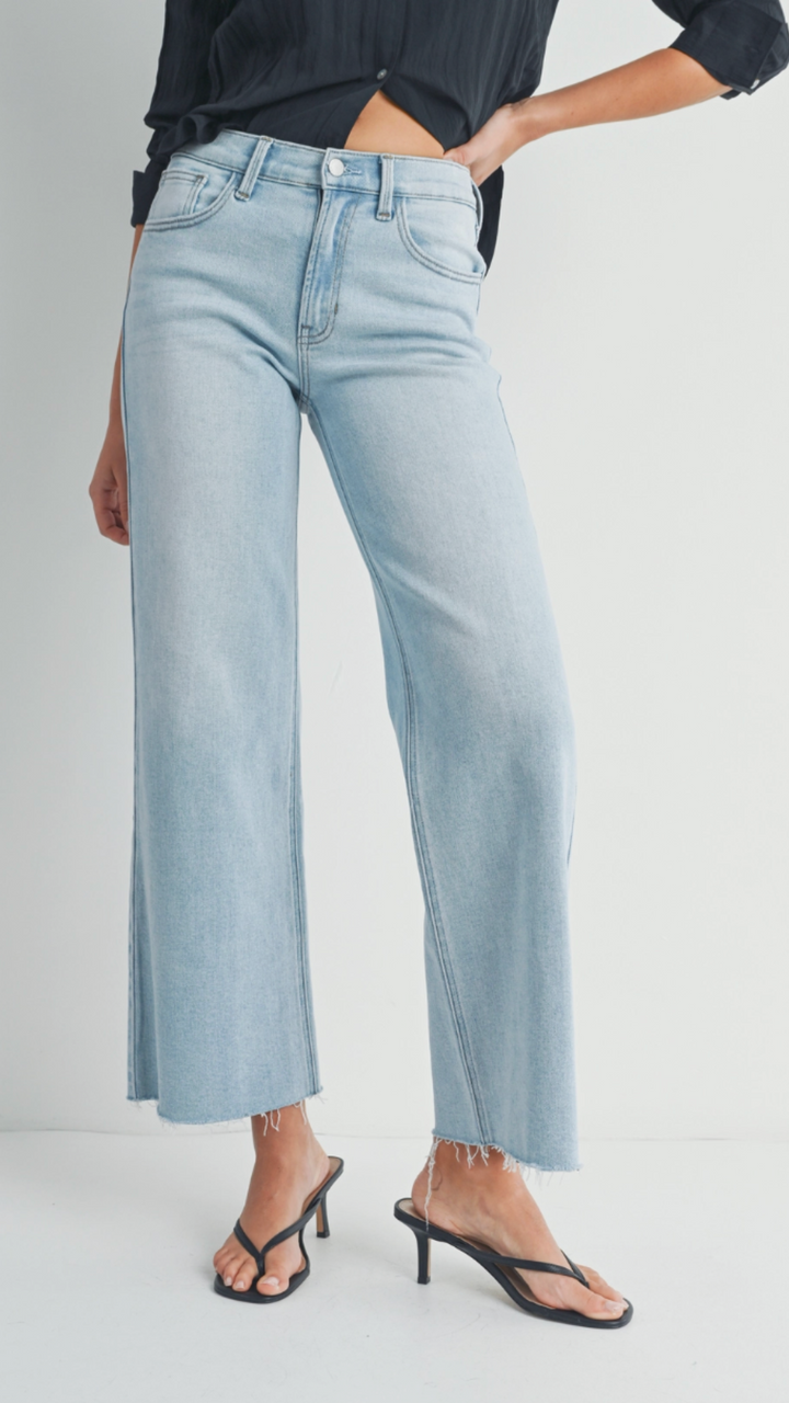 Mid Rise Light Wash Full Length Wide Leg Jeans