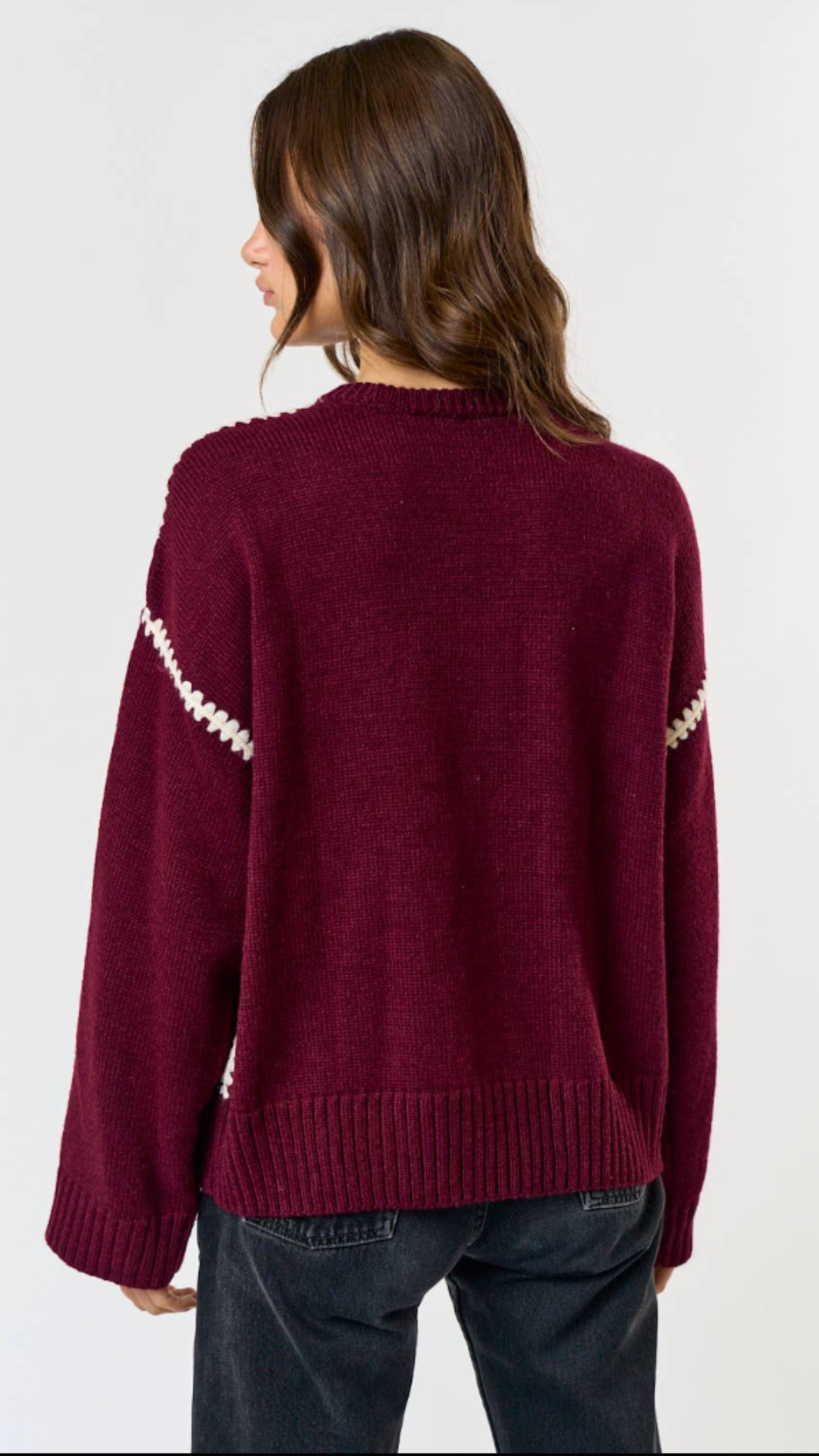 Burgundy Contrast Stitch Detail Sweater Top