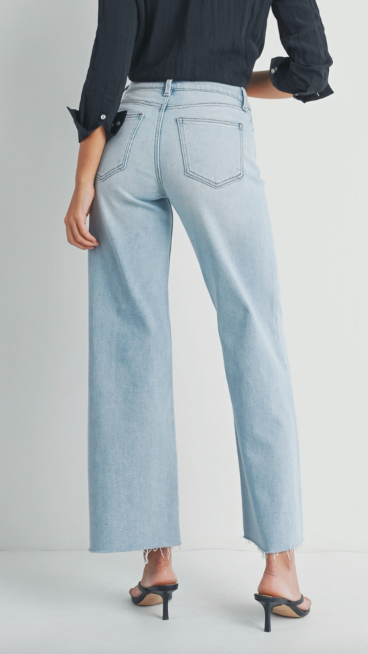 Mid Rise Light Wash Full Length Wide Leg Jeans