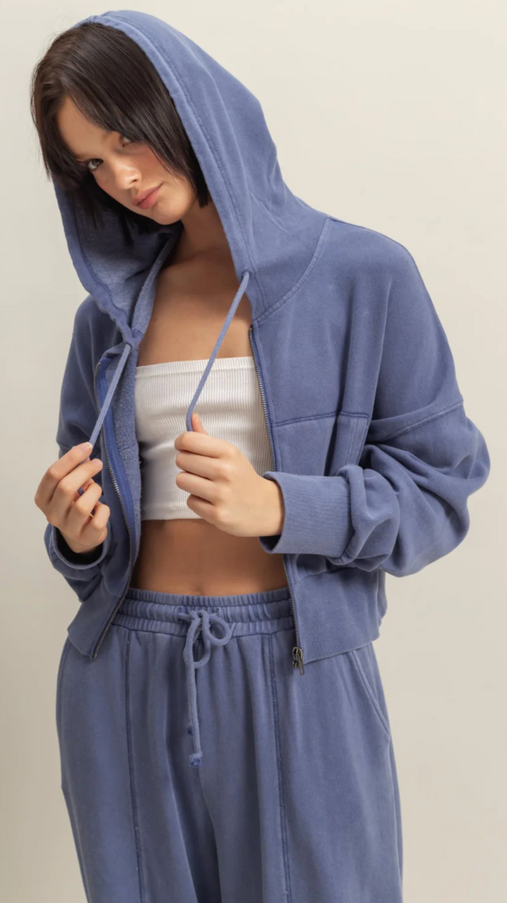 Indigo Long Sleeve Cropped Washed Zip Up Hoodie