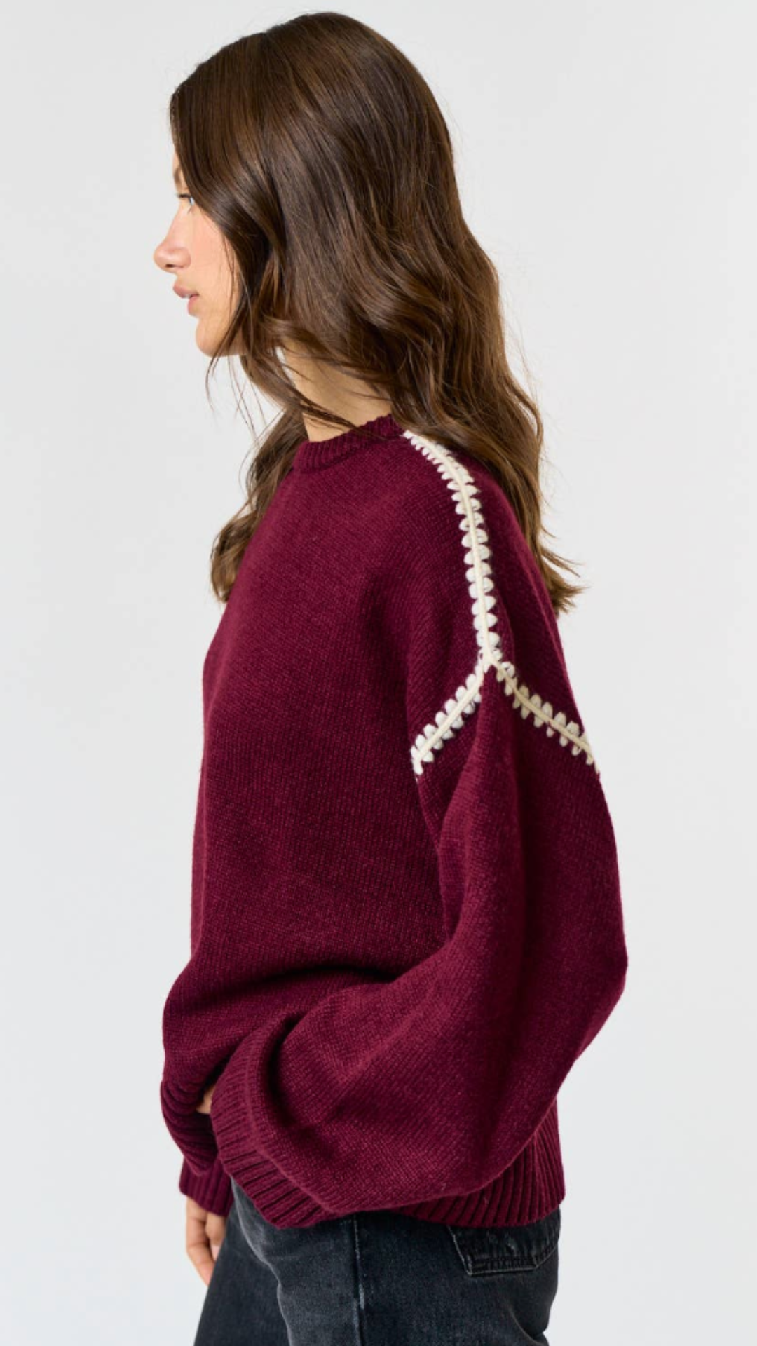 Burgundy Contrast Stitch Detail Sweater Top