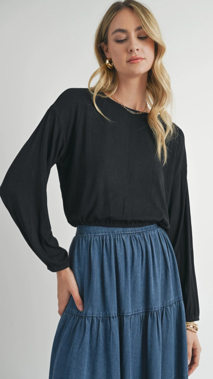 Black Elastic Hem Knit Bubble Top