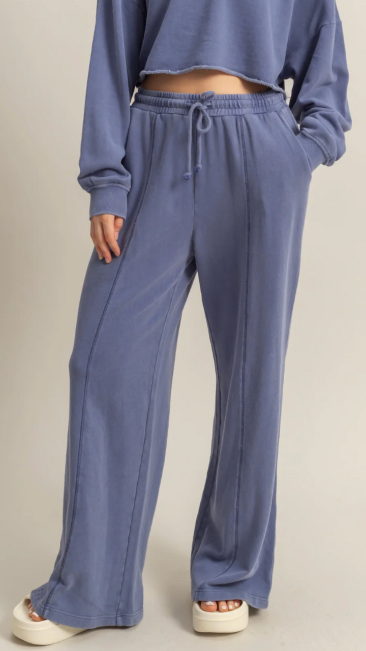 Indigo Wide Leg Drawstring Washed Sweatpants