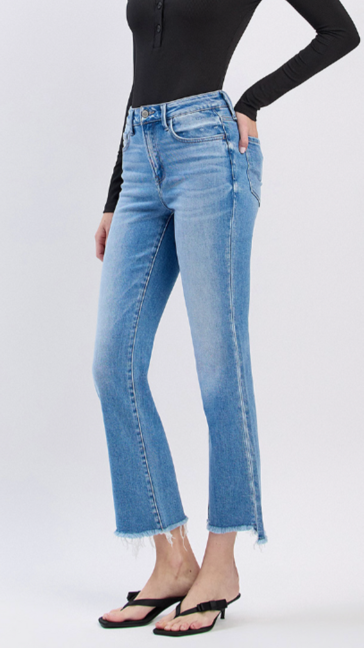 High Rise Medium Wash Slant Raw Hem Crop Flare Jeans