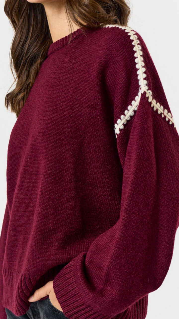 Burgundy Contrast Stitch Detail Sweater Top