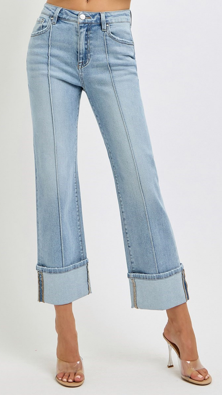 High Rise Light Wash Ankle Straight Wide Cuffed Jeans