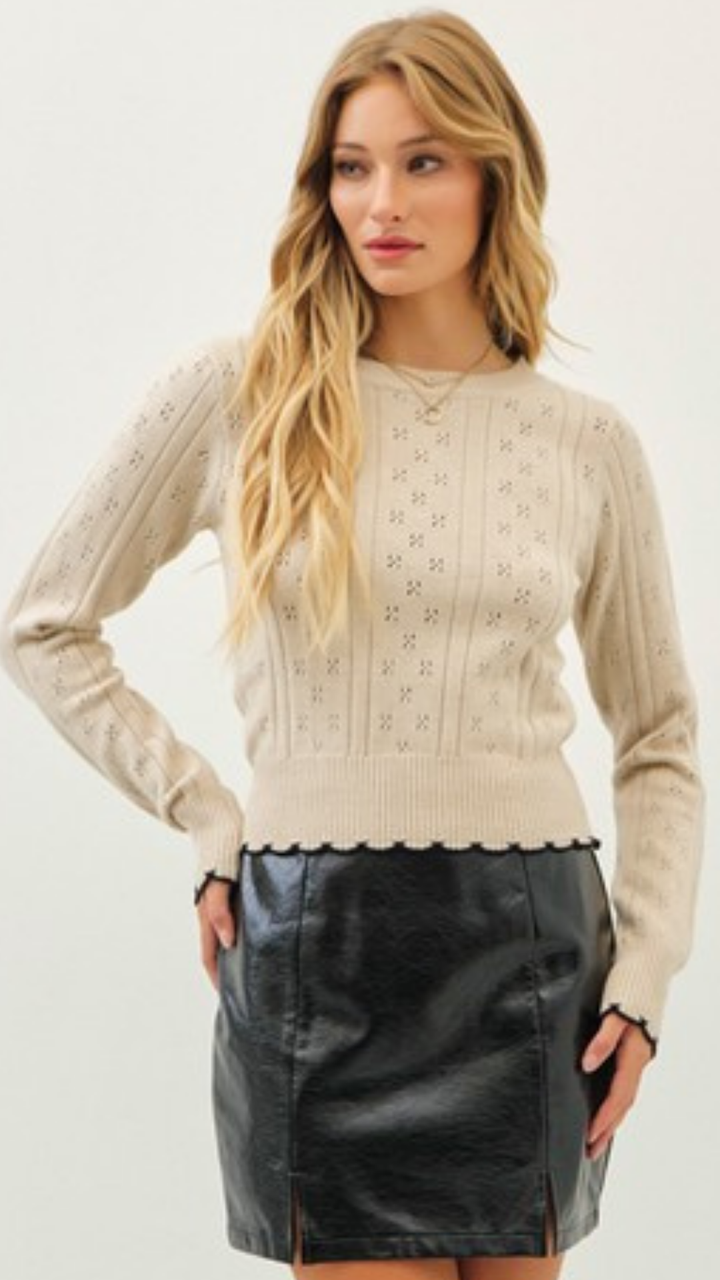 Natural Pointelle Sweater With Black Scallop Hem