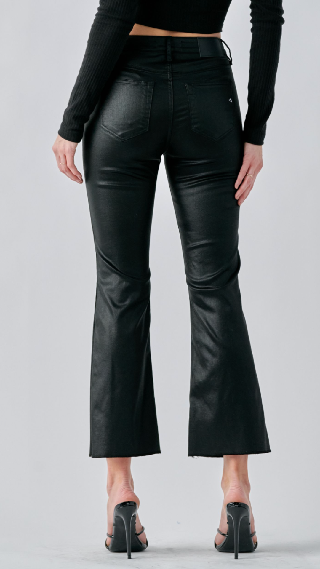 HAPPI High Rise Crop Coated Black Flare Jeans