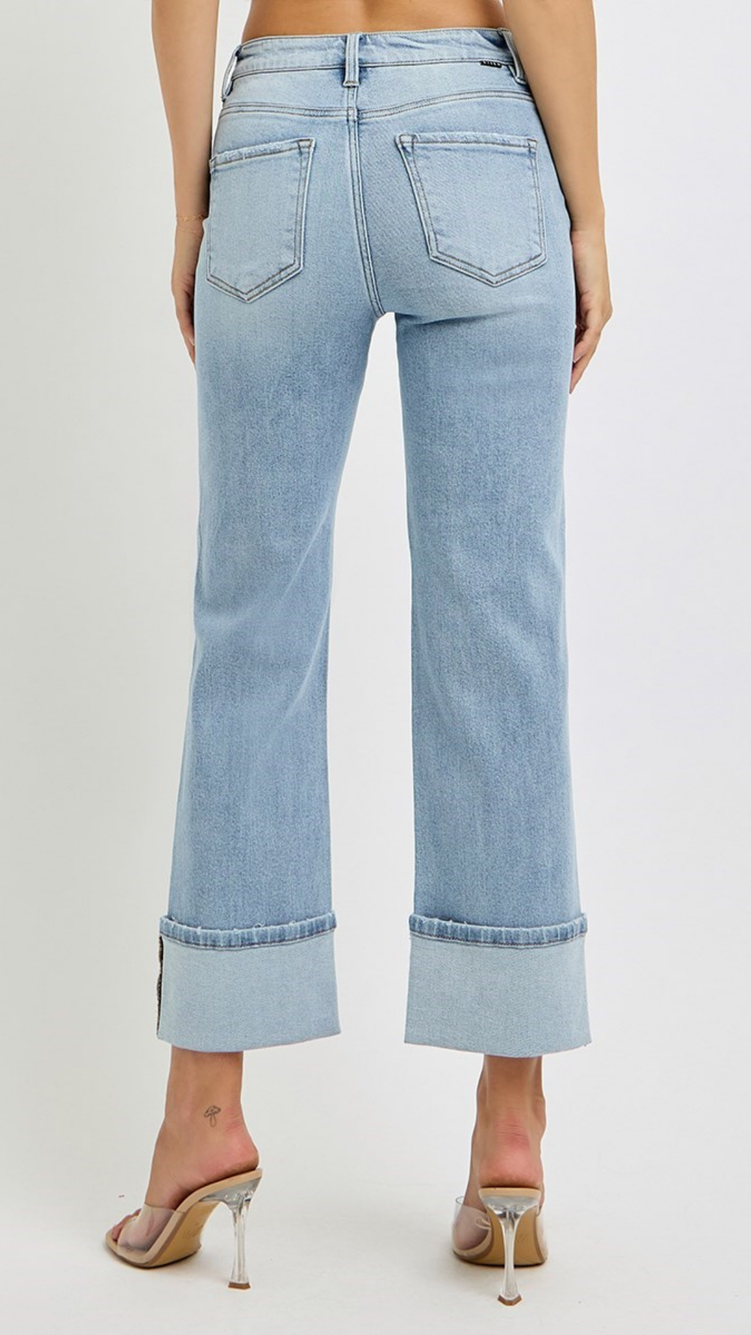 High Rise Light Wash Ankle Straight Wide Cuffed Jeans