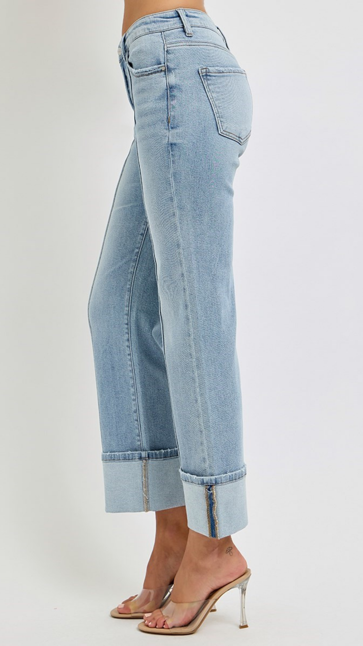 High Rise Light Wash Ankle Straight Wide Cuffed Jeans