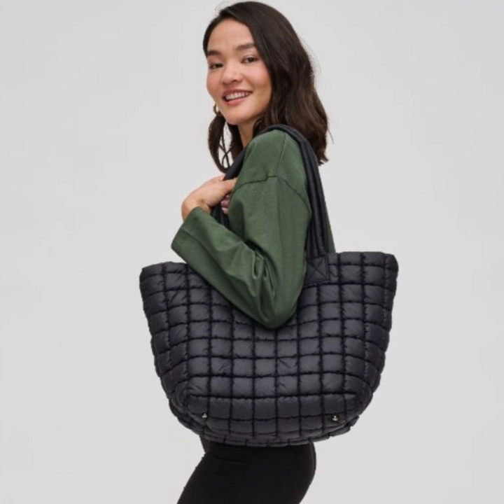 Black Quilted Puffer Nylon Tote