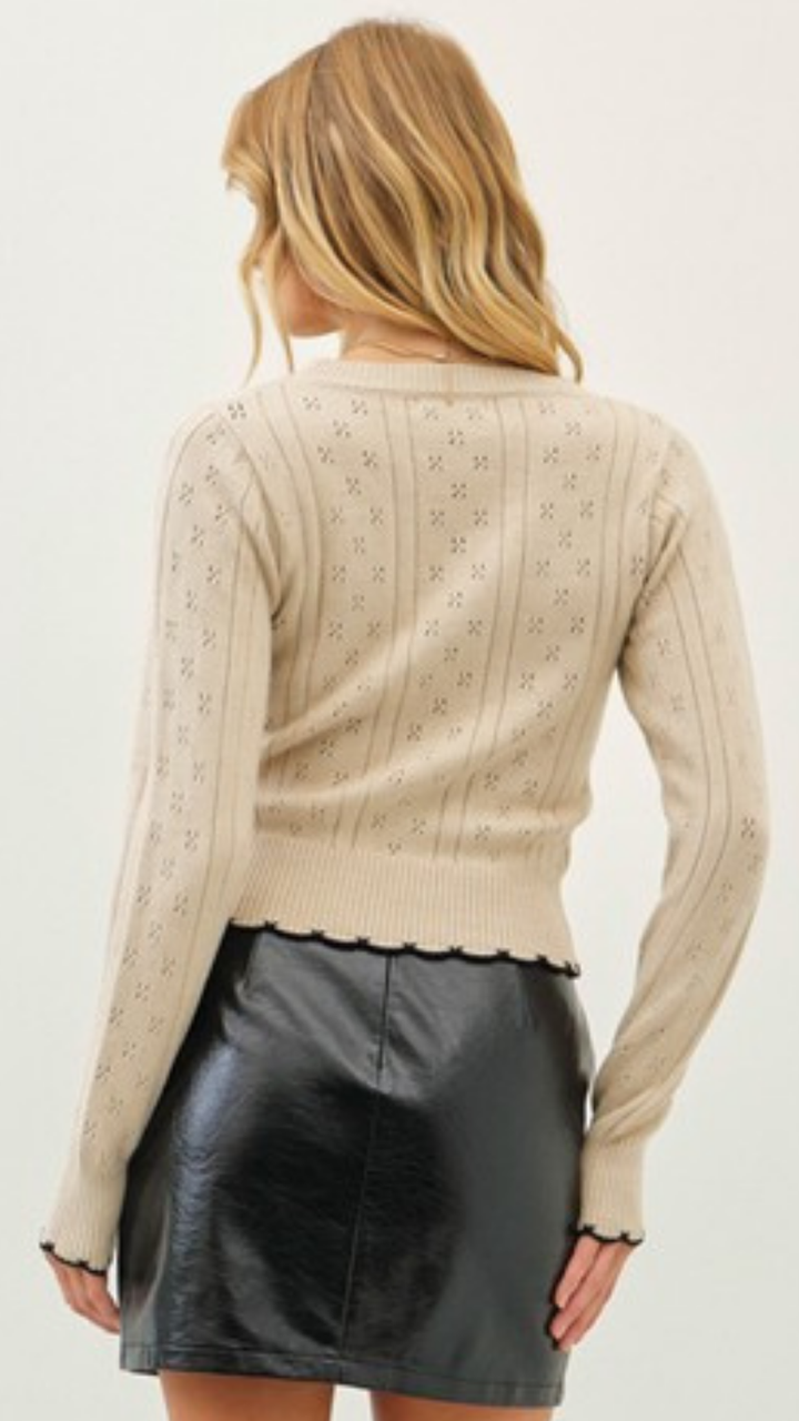 Natural Pointelle Sweater With Black Scallop Hem