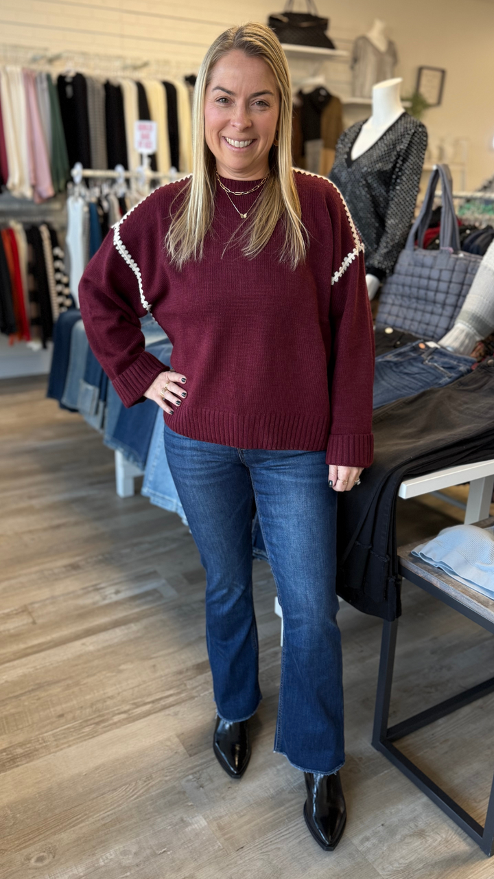 Burgundy Contrast Stitch Detail Sweater Top