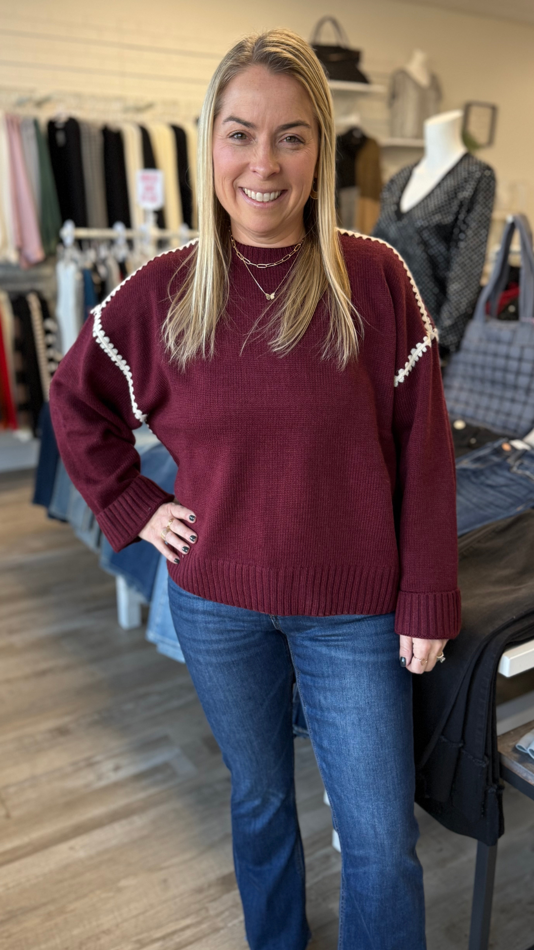 Burgundy Contrast Stitch Detail Sweater Top