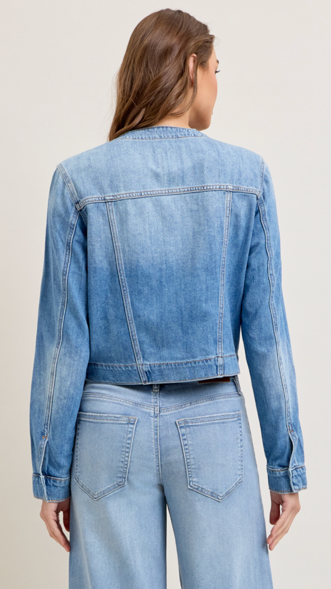 Light Denim Collarless Fashion Trucker Jacket