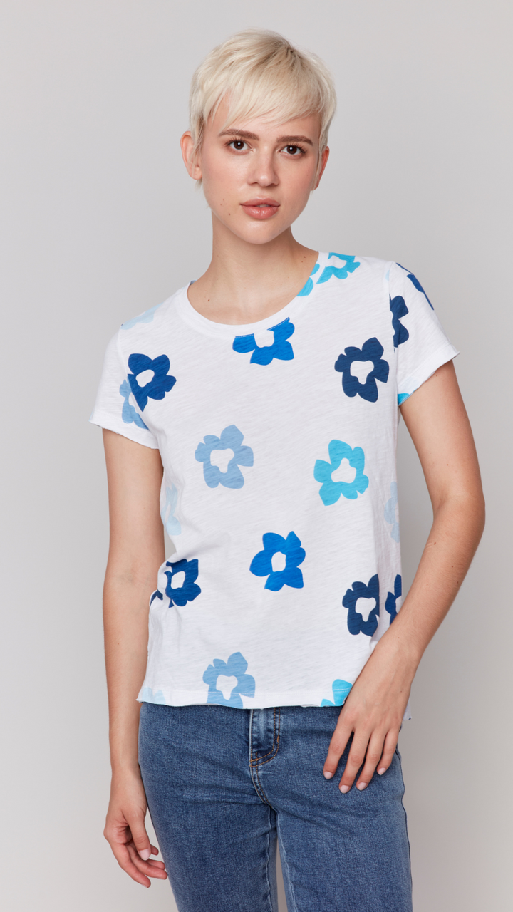 Round Neck Flower Cotton Slub Tee