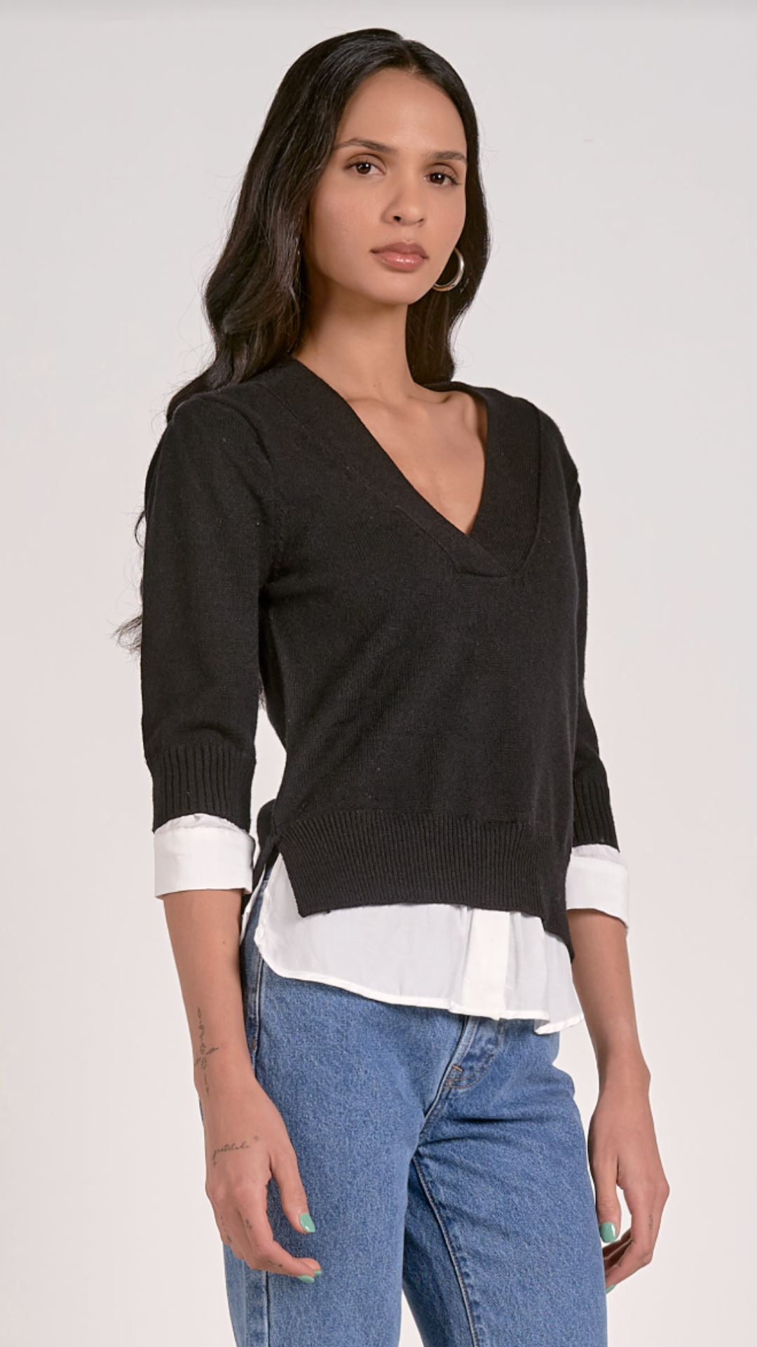 Black Layered Quarter Sleeve Sweater