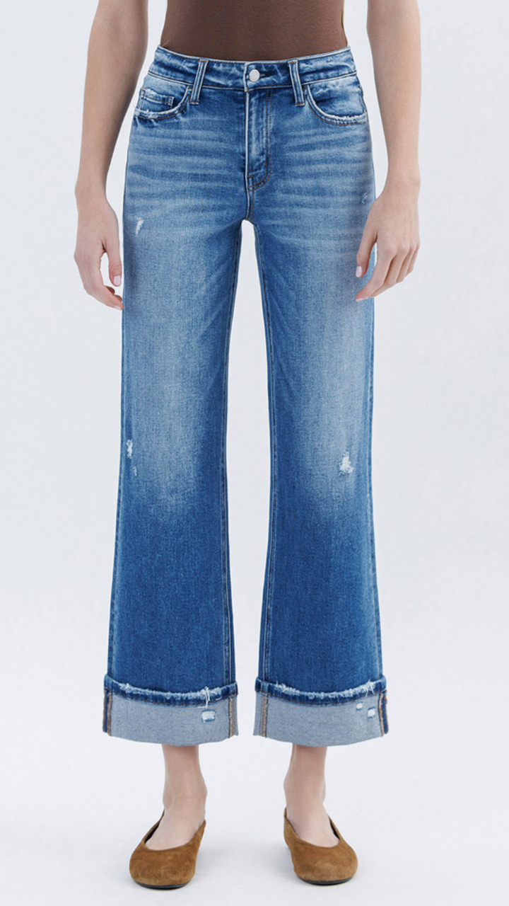 High Rise Medium Wash Cuffed Slim Wide Jeans